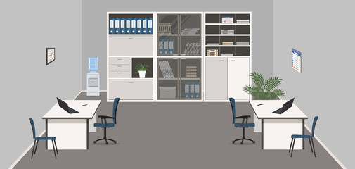 Gray office with a white furniture. There are desks, blue chairs, cabinets for documents, water cooler and flowers in the picture. Vector illustration.