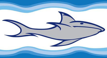 A stylized cartoon shark is swimming in the water