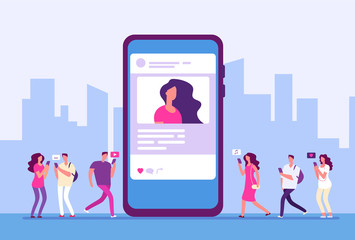 Social media concept. People follow smartphone with internet marketing, message and icons. Social communication vector background. Illustration of communication message and social community