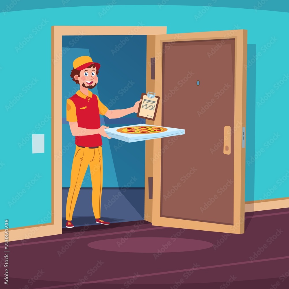 Wall mural Food delivery concept. Cartoon guy deliver with pizza in home doorway. Vector illustration. Delivery pizza food, fast deliver courier