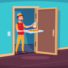 Food delivery concept. Cartoon guy deliver with pizza in home doorway. Vector illustration. Delivery pizza food, fast deliver courier