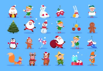 Winter characters. Cartoon santa, elves and winter christmas animals, snowman and kids. Winter christmas holiday vector set. Character christmas, santa and animal, xmas deer and gift illustration