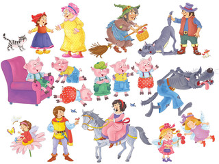 Set of cute fairy tale characters isolated on white. Coloring book. Coloring page. Cartoon