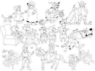 Fototapeta na wymiar Set of cute fairy tale characters isolated on white. Coloring book. Coloring page. Cartoon