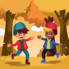 Vector happy cute kid fun and playing with autumn leaves in the garden, autumn park. Autumn season concept. 
