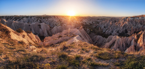 beautiful panoramic view of Red Valley, Cappadocia, Turkey on sunset. natural background