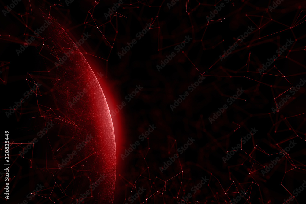 Poster red colored artistic network connections in the universe. sphere with abstract lines and dots copy s