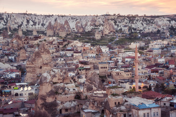 Fototapeta premium Goreme, Cappadocia, Turkey on sunset. Famous center of balloon fligths. toned picture