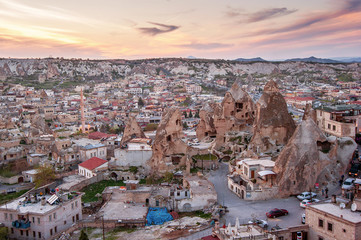 Fototapeta premium Goreme, Cappadocia, Turkey on sunset. Famous center of balloon fligths.