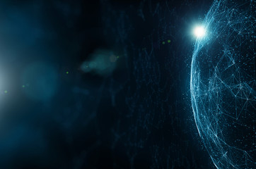 Abstract network cyberspace globe with sunlight reflection copy space illustration background. View from space. Selective focus used.