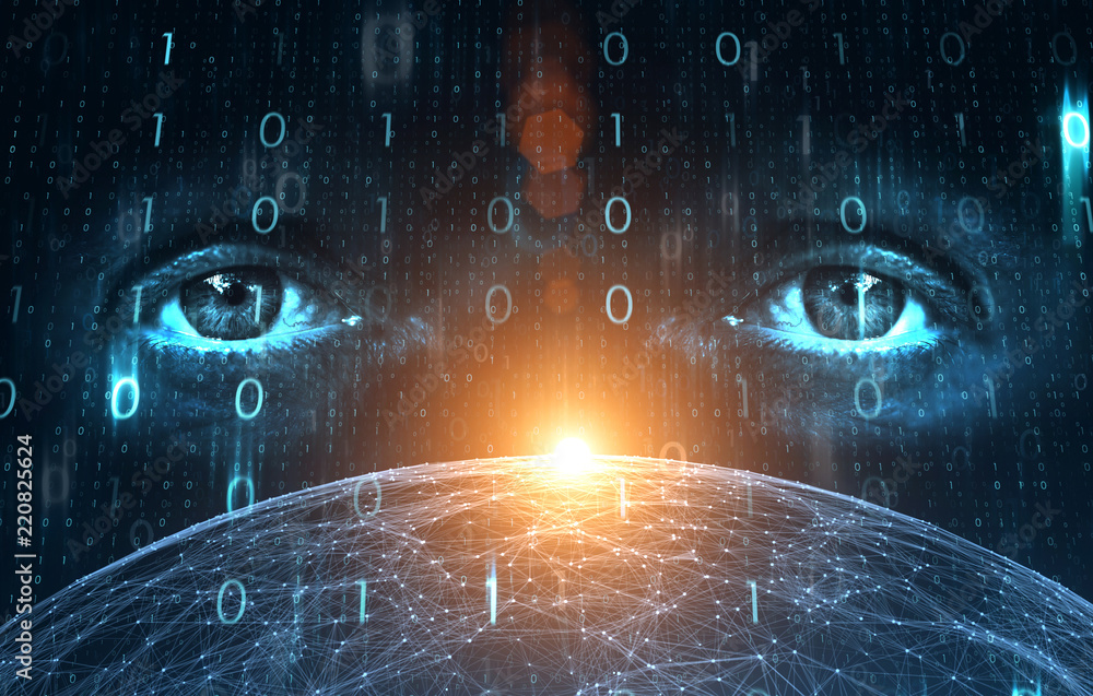 Poster business man eyes on digital computer binary numbers data cyberspace background.
