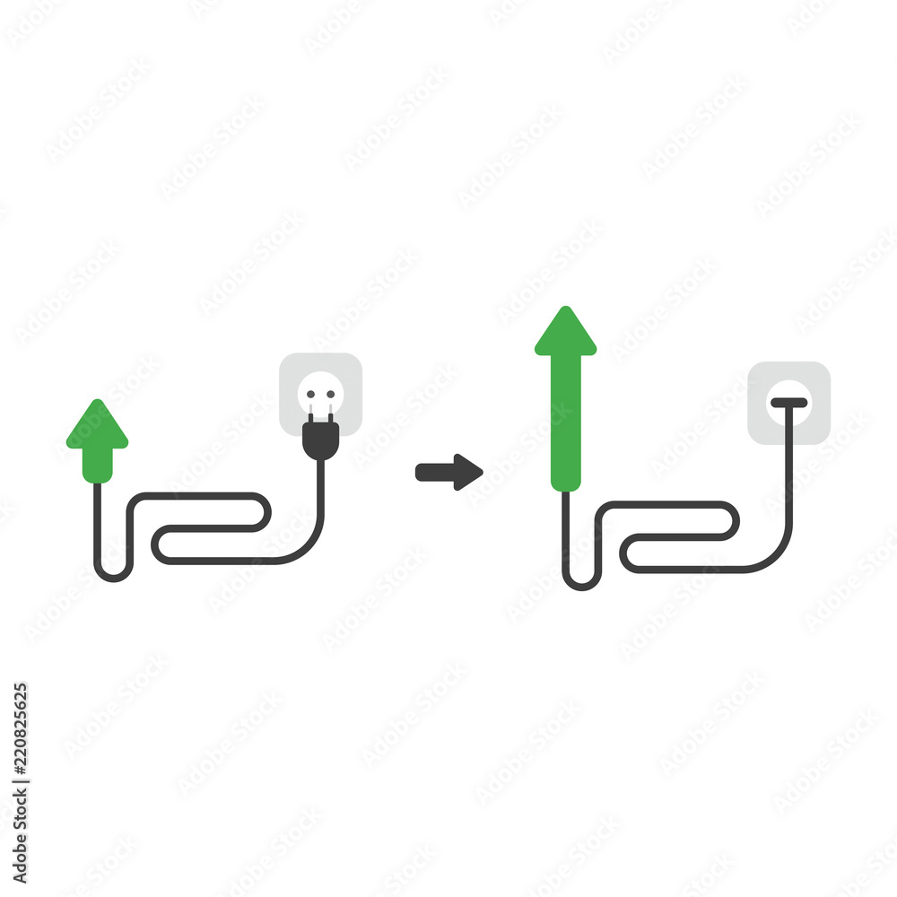 Poster vector icon concept of arrow with cable, plug and plugged into outlet and moving up