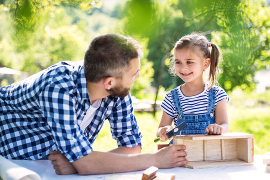 Father with a small daughter outside, making wooden birdhouse.