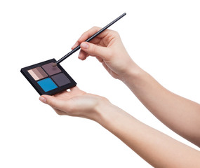 Hand holding eyeshadows palette isolated on white