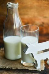 milk bottle, glass of milk, a figure of a cow the concept of a village power, farm-fresh products on a natural wooden background