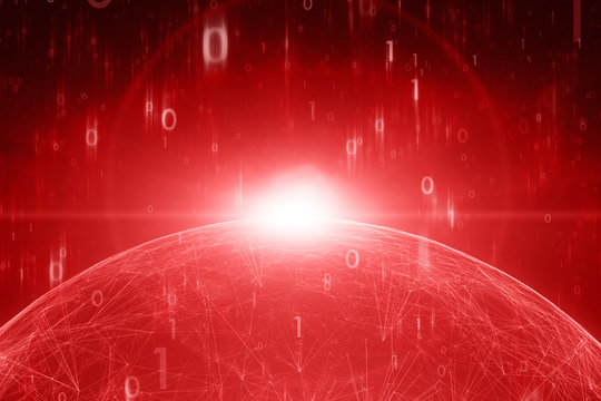 Red colored futuristic computer network binary numbers with shiny planet. View from space. Selective focus used. Illustration.