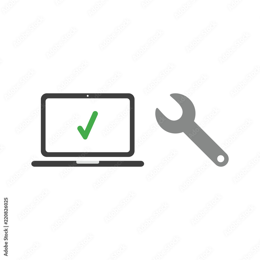 Poster vector icon concept of laptop computer with check mark and spanner