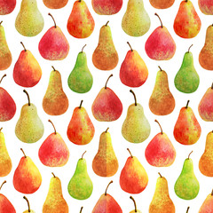 Ripe red yellow and green pear fruit painted with watercolor on white background seamless pattern
