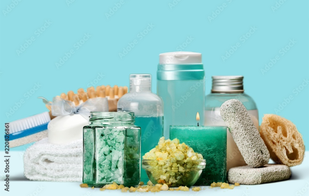 Wall mural spa set: aromatherapy bottles with scrub