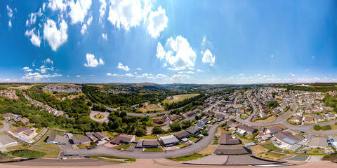 Aerial 360 degree panorama of the Welsh valleys town of Ebbw Vale in South Wales, United Kingdom