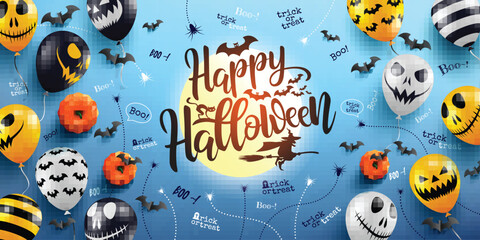 Obraz premium Happy Halloween Lettering and Blue Background with Halloween Ghost Balloons.Scary air balloons.Website spooky,Background or banner Halloween template.Vector illustration EPS10