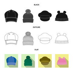 Vector illustration of headwear and cap sign. Set of headwear and accessory stock symbol for web.