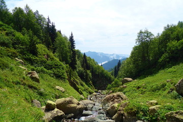 Mountain stream in Caucasus Mountains on a hiking trail leading to Silver lakes in Georgia