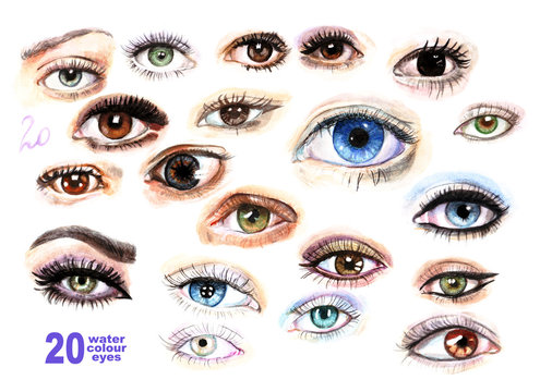 20 watercolor painted eyes of different colors with makeup, eyelashes, highlights set.