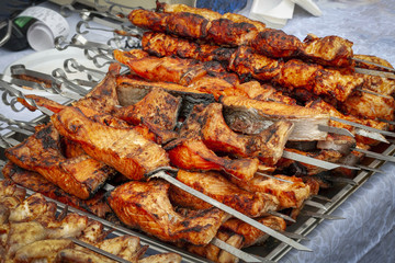 Ready-made barbecue from fish on a tray