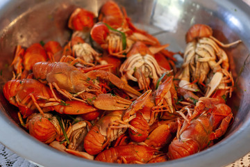 Boiled crayfish in pan, a traditional Russian dish