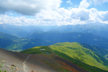 Hiking trail leading from Koruldi lakes to Mount Ushba glacier in Caucasus Mountains, Upper Svaneti region, Georgia