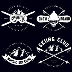 Set of vintage snowboarding, ski or winter sports logos, badges, emblems and design elements. Vector illustration. Monochrome Graphic Art.