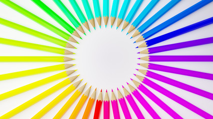 Circle color chart made of color pencils on white background - 3D Illustration