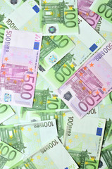 View from above of euro banknotes texture - hundreds euro money background