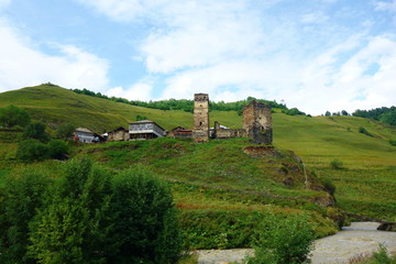 Traditional ancient Svan Towers and machub house in Ushguli village, Upper Svaneti, Georgia. Ushguli is the highest village in Europe and is a part of UNESCO World Heritage Site.