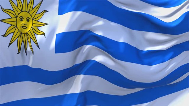 288. Uruguay Flag Waving in Wind Slow Motion Animation . 4K Realistic Fabric Texture Flag Smooth Blowing on a windy day Continuous Seamless Loop Background.