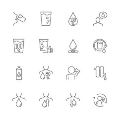 Set of the icons is drinking water and the importance of water to the body. 30x30 pixel. Editable stroke. Vector illustration.