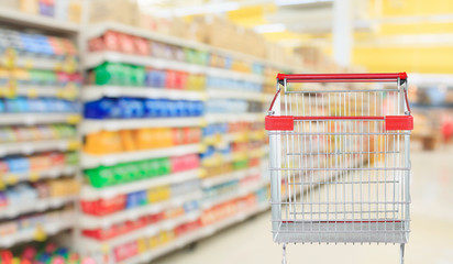 Supermarket aisle blurred background with empty red shopping cart