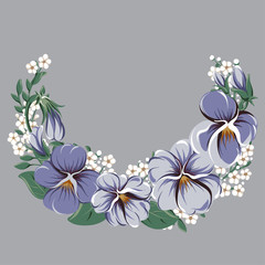 half-round floral frame wreath with viola flowers