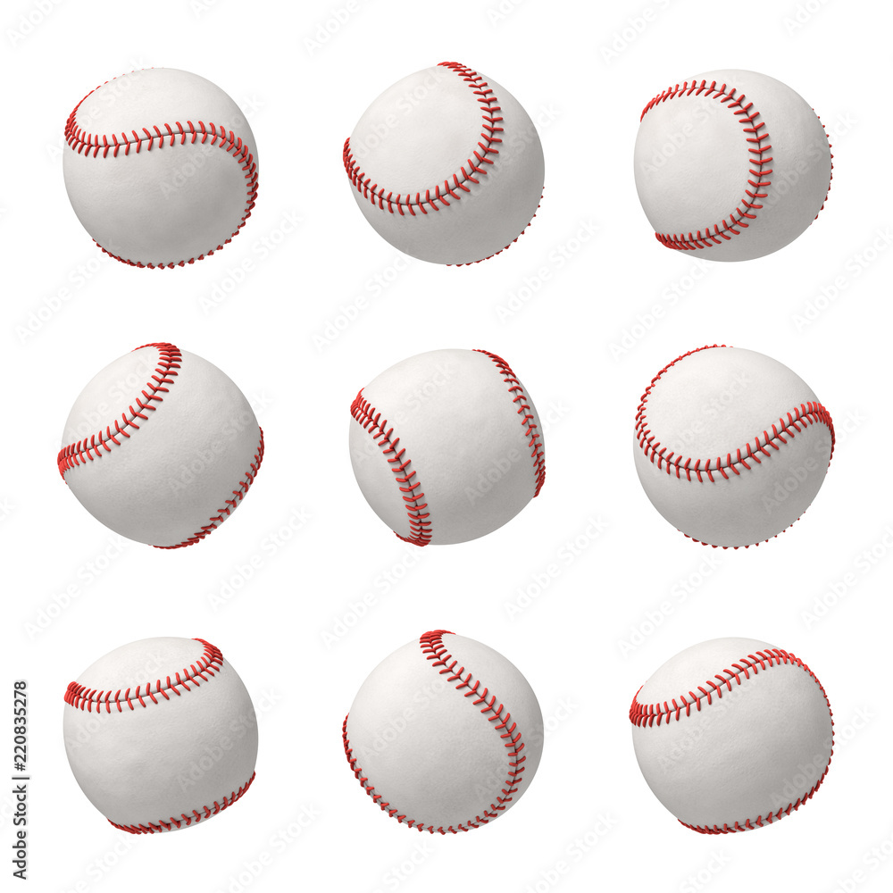 Poster 3d rendering of a set made of several white leather baseballs with red stitching hanging on a white 
