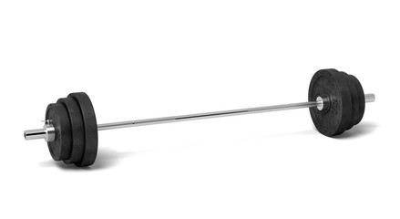 3d rendering of a silver colored metal barbell with several black weight plates on a white background.