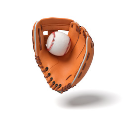 3d rendering of a new orange baseball mitt hanging on the white background with a white ball inside it.