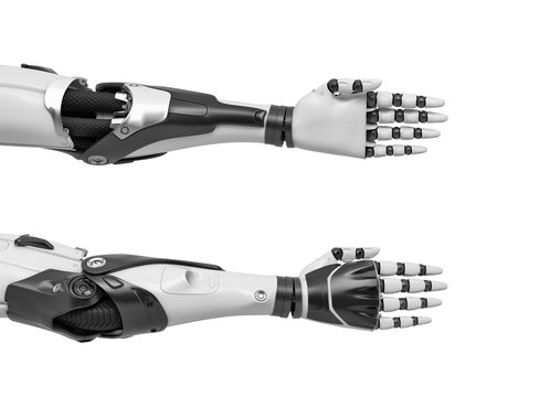 3d rendering of two robot arms with hand fingers held straight and compact for a tight handshake.