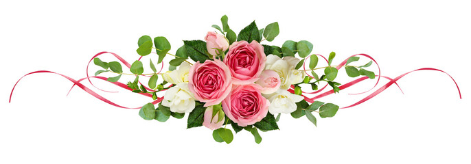 Horizontal arrangement with pink roses, freesia flowers, eucalyptus leaves and sarin ribbons