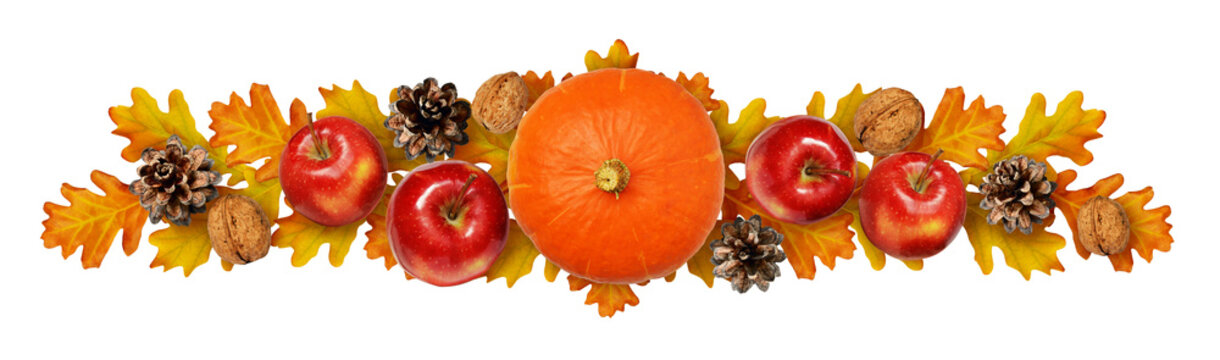 Autumn garland with oak leaves, pumplin, apples, walnuts and cones