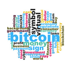 Light themed word cloud for bitcoin exchange trading concept.  Scattered messy words randomly placed.