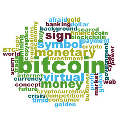 Light themed word cloud for bitcoin exchange trading concept.  Scattered messy words randomly placed.
