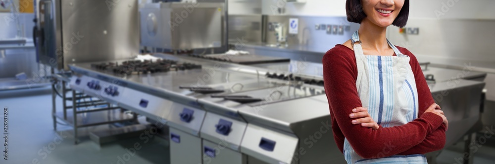 Poster composite image of smiling waitress standing with arms crossed