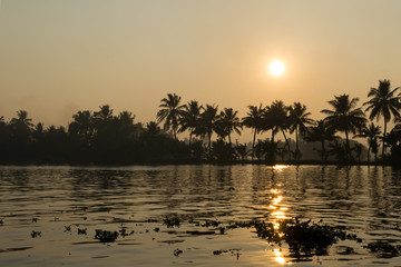 Fototapeta na wymiar Beautiful sunset view from a boat ride at Alappuzha, Kerala, India