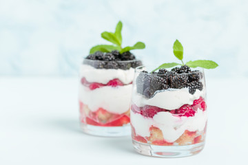 Fresh healthy multilayered dessert trifle with raspberries and blackberries on pastel blue background.